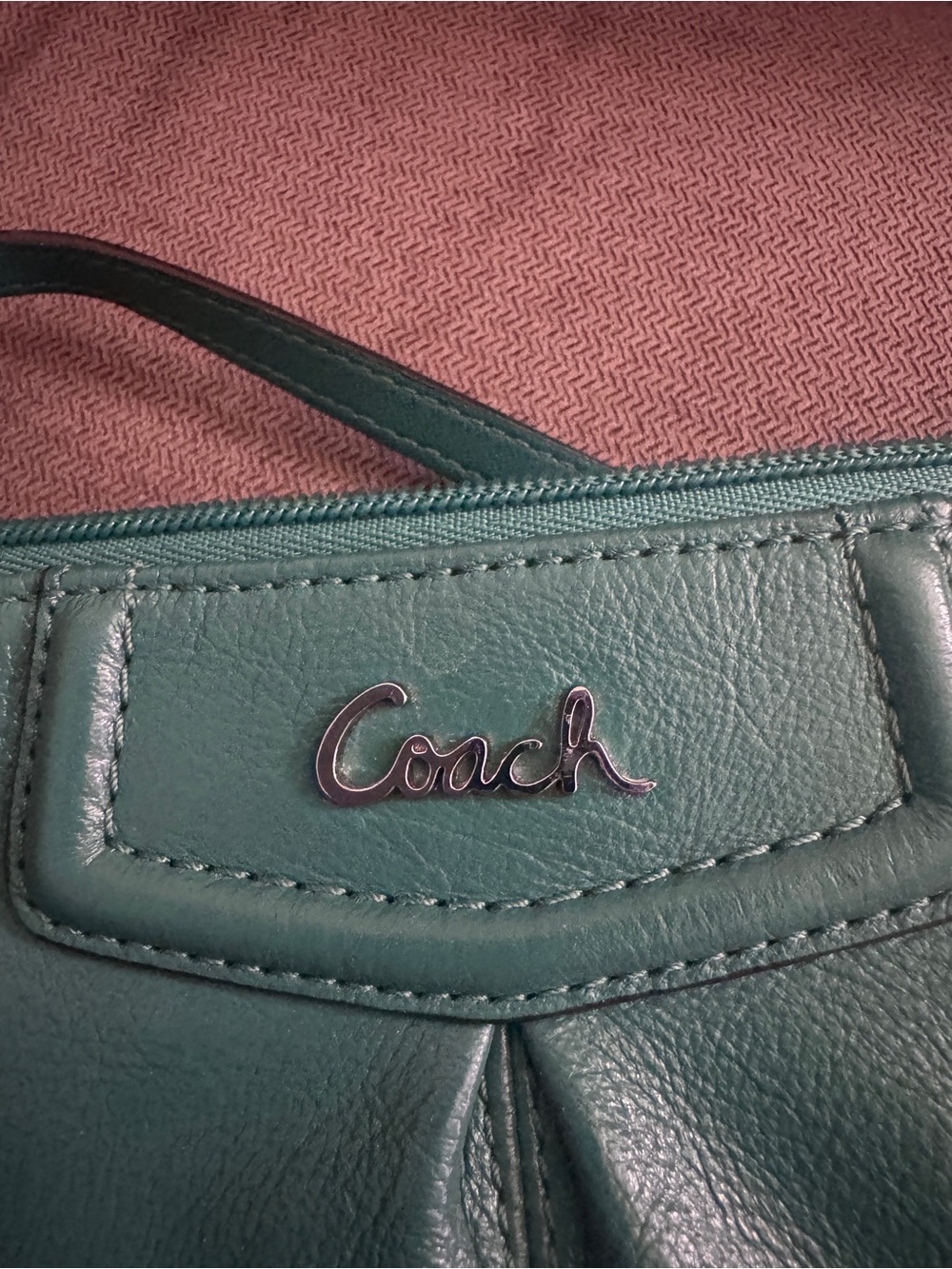 Coach Teal Green Leather wristlet with Silver Logo - Picture 7 of 9